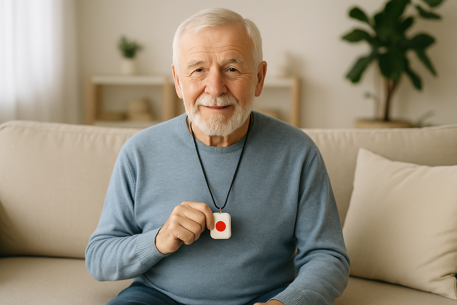 Älterer Mann sitzt auf einem Sofa und hält ein Hausnotrufsystem mit rotem Knopf in der Hand.